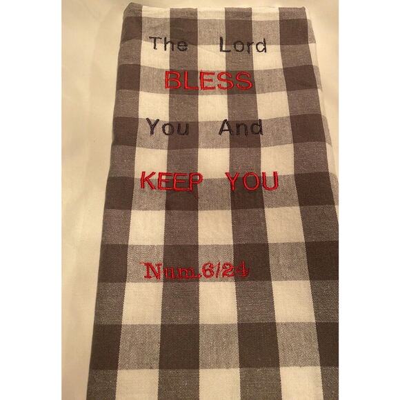 "The Lord Bless You & Keep You" Tea Towel Gray/White Checked Embroidery 20x28 - Picture 3 of 7
